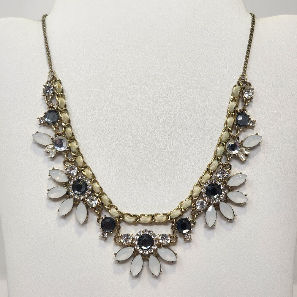 Liz Claiborne Gold Tone Floral Rhinestone Statement Necklace Clear Gray White